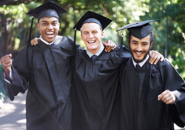 将来への約束でいっぱい 卒業の日に幸せな男性学生のグループの肖像画 — ストック写真