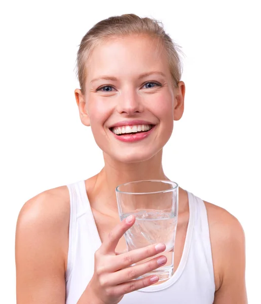 Feliz Hidratado Retrato Una Hermosa Joven Con Vaso Agua Aislado —  Fotos de Stock