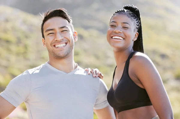 Fitness, nature and couple happy to workout in outdoor adventure trail. Sports, exercise and man and black woman train in sun together. Wellness, health and runner and personal trainer smile in park