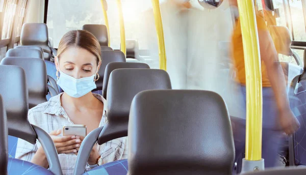 Covid, phone and woman bus mask for travel protection from sickness in pandemic health crisis. Global virus and girl passenger public commute safety for infection and illness prevention