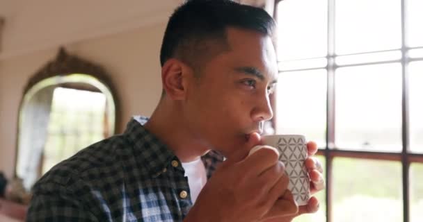 Přemýšlející Muž Pije Kávu Klidu Doma Přestávku Odpočinek Relaxační Ráno — Stock video
