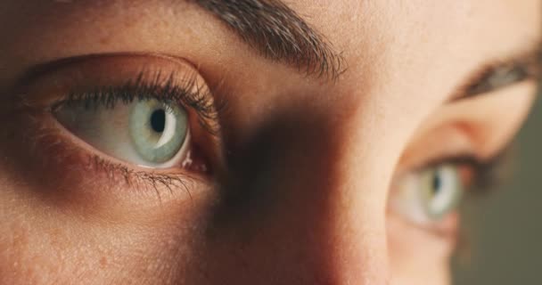 女性的面部 视觉和眼睛在宏观眨眼时的思考 隐形眼镜或光学测量 在基因 健康和浅色意识或感知方面 视网膜和变焦与女性眼球集中在一起 — 图库视频影像