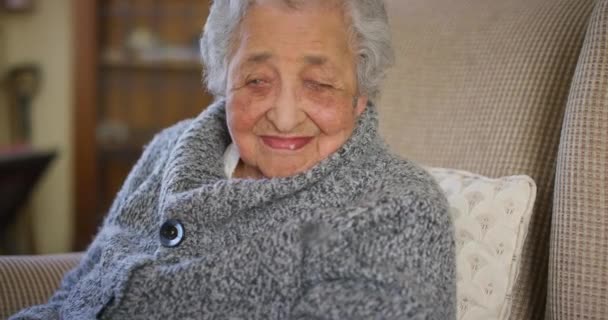 微笑着与一个年长的女人一起退休 她一个人坐在客厅的沙发上 与一位老年女性养恤金领取者在家里的沙发上放松 无忧无虑 快乐和放松 — 图库视频影像