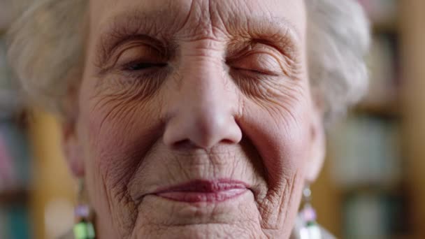 Senior Mulher Rosto Sorriso Retrato Com Implante Dentário Folheados Dentaduras — Vídeo de Stock