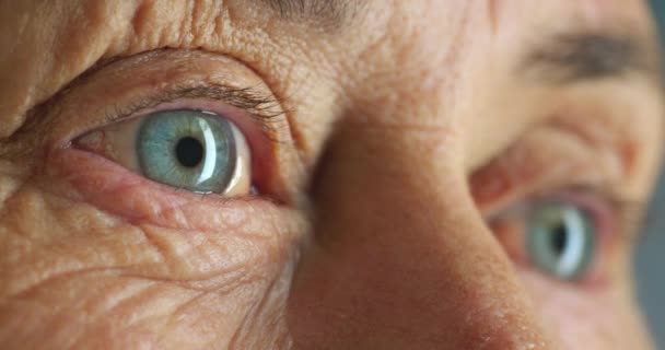 Пожилая Женщина Голубые Глаза Дальновидность Мышлении Планировании Грустном Взгляде Уходе — стоковое видео