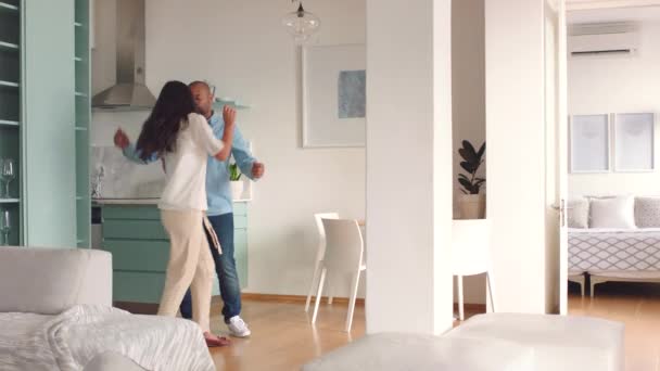 Love Fun Happy Couple Dancing Kitchen While Listening Music Home — Stock Video