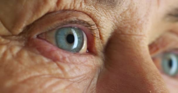 Старшая Женщина Морщины Зрение Голубых Глаз Фокусом Выражением Концентрации Макро — стоковое видео