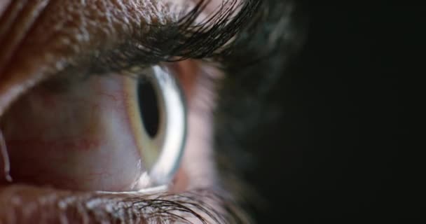 点滅または極端な視力を閉じると緑の目 ビジョンとマクロ オープンまぶたと暗いモックアップの背景 眼球まつ毛 虹彩または網膜 眼視検査における人の弟子または角膜ズーム — ストック動画