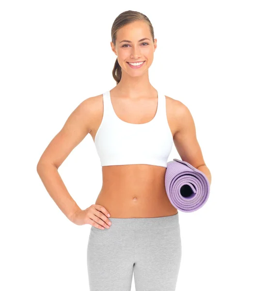 Ready Waiting Her Exercise Mat Hand Studio Portrait Sporty Young — Stock Photo, Image