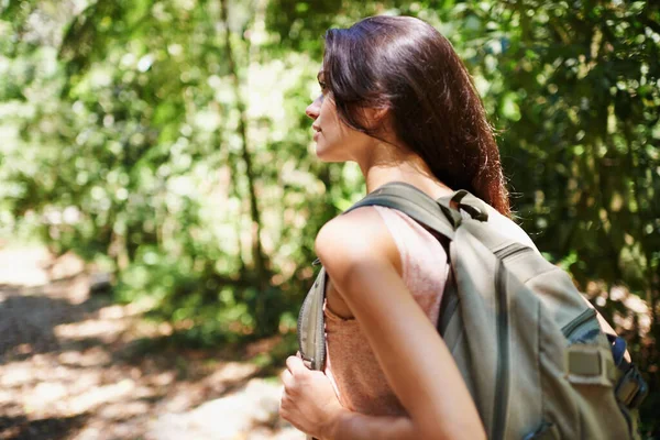 Enjoying Stillness Nature Young Woman Hiking Forest — Stock Photo, Image