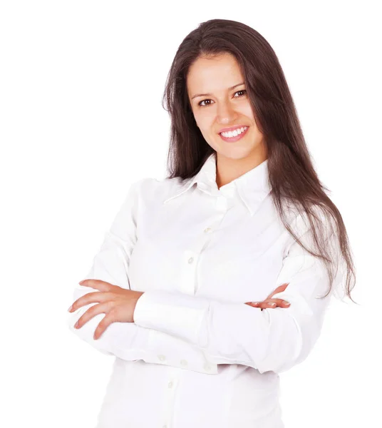 Sinto Confiante Uma Jovem Empresária Sorrindo Enquanto Isolada Branco — Fotografia de Stock