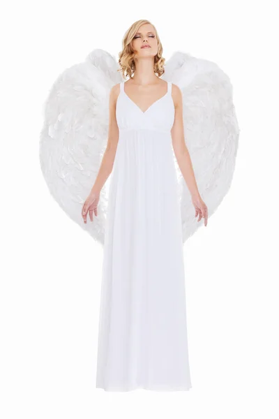 Небесное Блаженство Студийный Снимок Молодой Женщины Ангельских Крыльях Изолированных Белом — стоковое фото