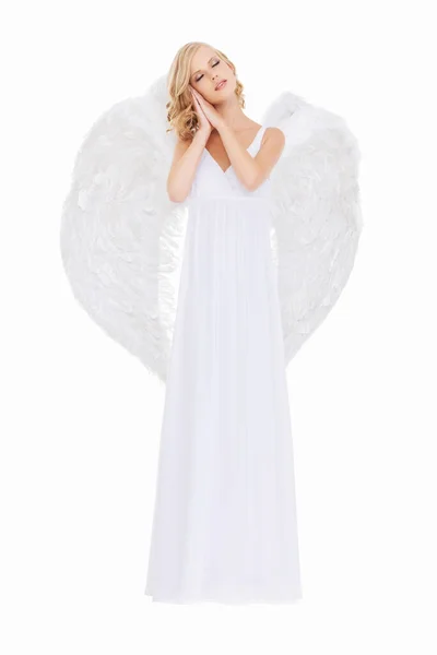 Милая Невинность Студийный Снимок Молодой Женщины Ангельских Крыльях Изолированных Белом — стоковое фото