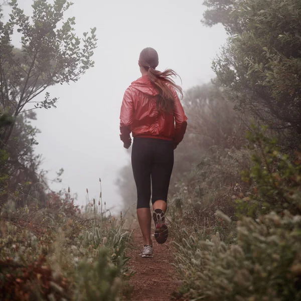 彼女は長寿への道を見つけた 霧深い朝に歩道を走る女性のレビューショット — ストック写真