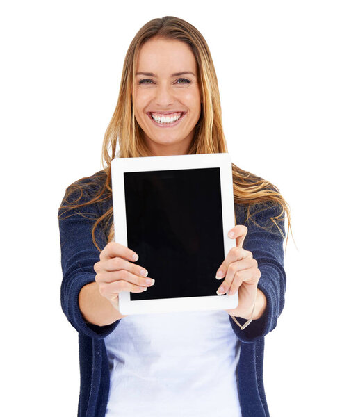 This is the best website. Studio shot of a young woman holding a digital tablet