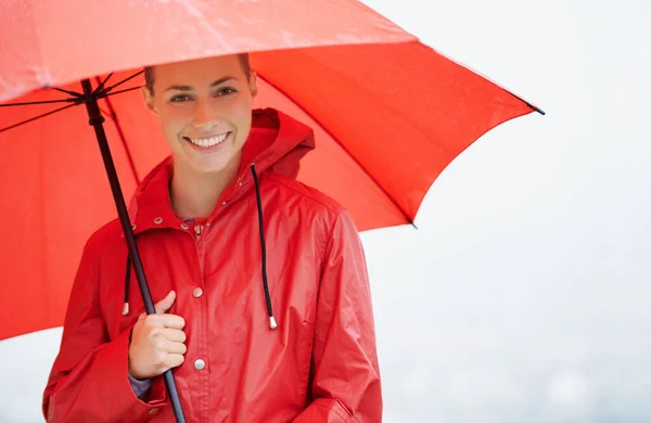 Feeling Safe Protected Beautiful Young Woman Standing Her Red Umbrella — Stock Photo, Image