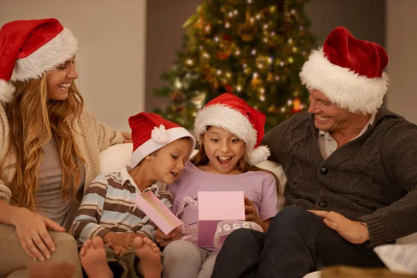 Difundiendo Poco Alegría Navideña Una Niña Recibiendo Regalo Navidad — Foto de Stock