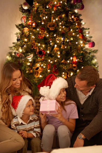 Verme Yeteneği Paha Biçilemez Ailesi Etrafını Sarmışken Noel Hediyesi Alan — Stok fotoğraf