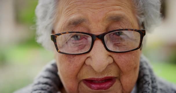 夏の間 屋外の庭で目の問題がある悲しい高齢者の女性の肖像画 心の健康と健康のために自然の中で引退で不幸なシニア女性の閉鎖 — ストック動画