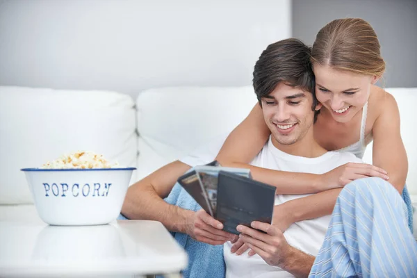 Supposed Good Young Couple Choosing Movie Watch Home — Stock Photo, Image