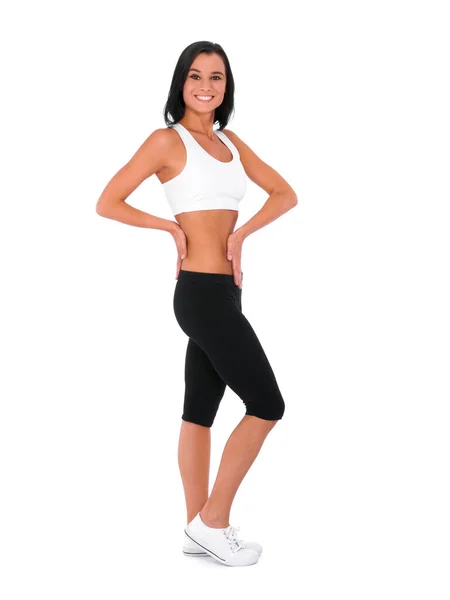 Slim Perfectly Shape Young Woman Posed Show Her Slender Stomach — Stock Photo, Image