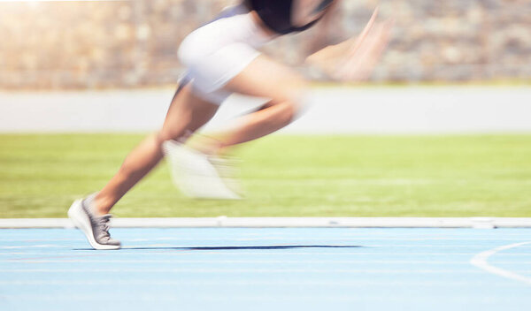 Motion blur sports runner, fast and speed in competition, olympics and race in stadium arena outdoor. Woman athlete running marathon, cardio and training in sprint exercise, fitness and dynamic pace.