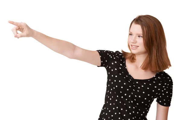 Look Studio Shot Teenage Girl Pointing Something White Background — Stock Photo, Image