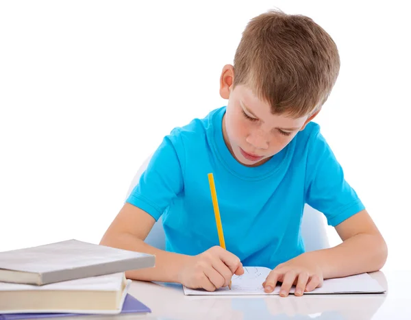 Gusta Estudiar Mucho Joven Que Concentra Tarea Sobre Fondo Blanco —  Fotos de Stock