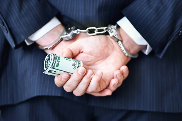 Schuldig Der Bestechung Rückansicht Eines Geschäftsmannes Handschellen Mit Geld Der — Stockfoto