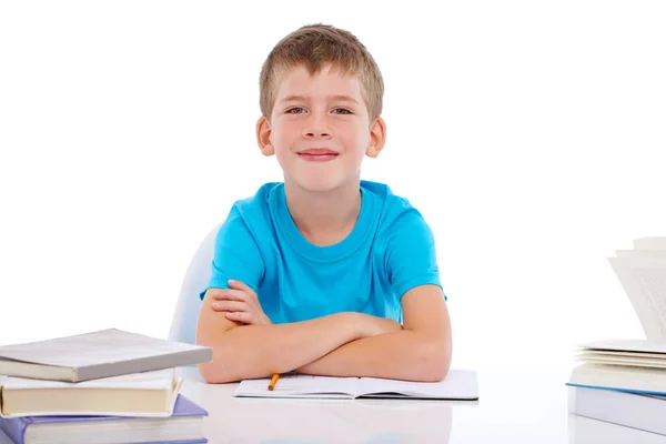 Studying Hard Portrait Smiling Boy Sitting Stacks Books White Background Royalty Free Stock Images