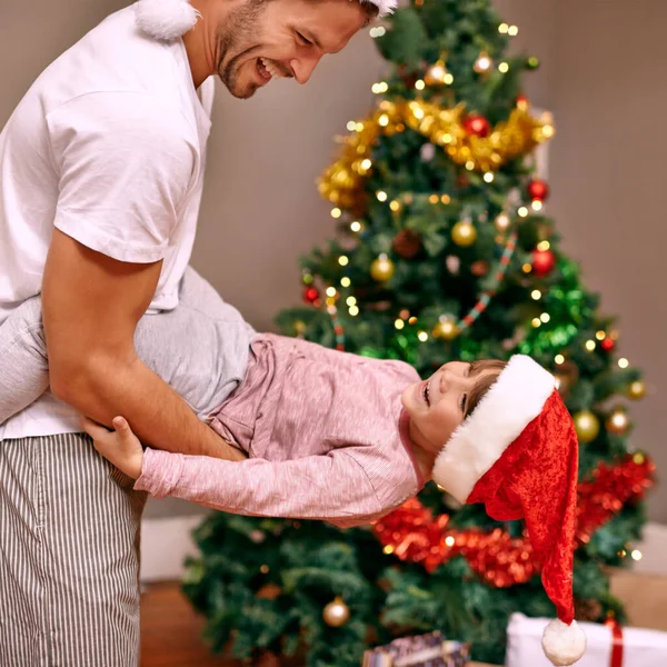 Merriest Time Year Father Tickling His Son Next Christmas Tree — Stock Photo, Image