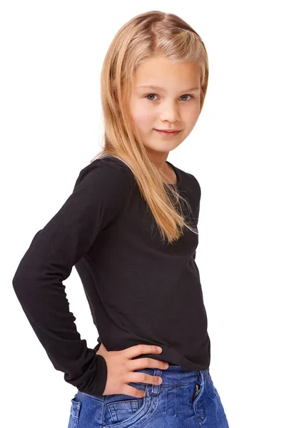 Shes Little Model Cute Young Girl Posing White Background — Stock Photo, Image