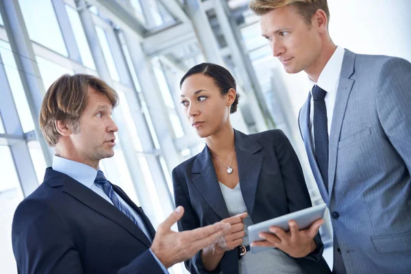 Lets Schedule Follow Meeting Now Three Businesspeople Standing Together Using — Stock Photo, Image