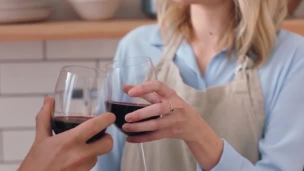 Vinho Tinto Vivas Casal Cozinha Cozinhar Jantar Comida Junto Com — Vídeo de Stock