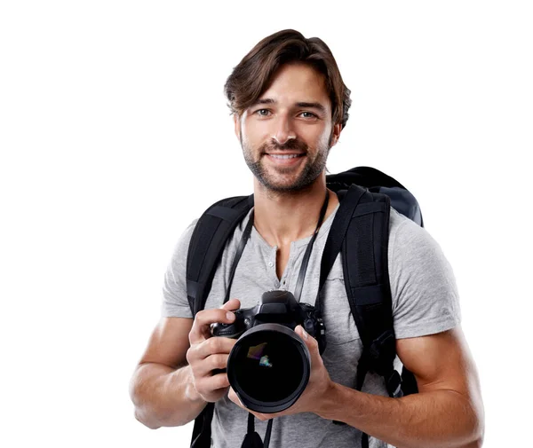 Wszystko Czego Potrzebujesz Odpowiedni Sprzęt Przystojny Fotograf Uśmiechający Się Kamery — Zdjęcie stockowe