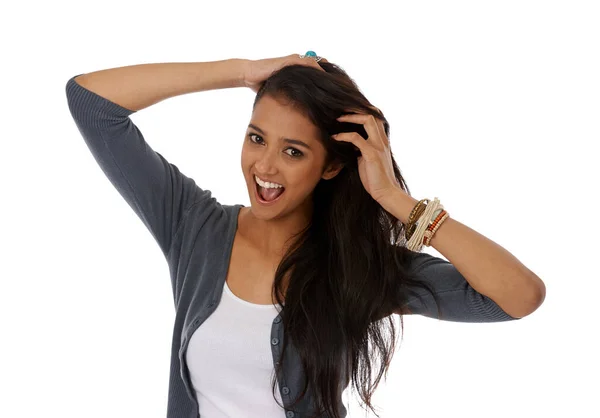 Happy Her Haircare Regime Young Ethnic Woman Smiling She Runs — Stock Photo, Image