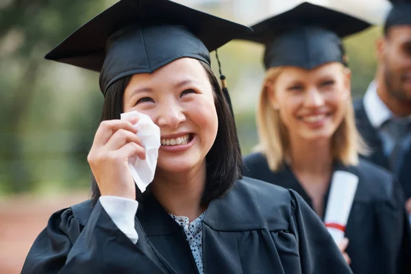 Filled Sense Accomplishment Ecstatic Young Graduate Shedding Tears Joy Her Stock Image