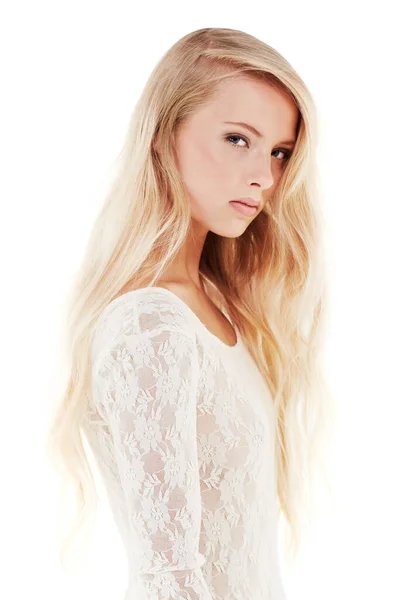 Senhora Branco Retrato Uma Bela Jovem Mulher Vestido Branco — Fotografia de Stock