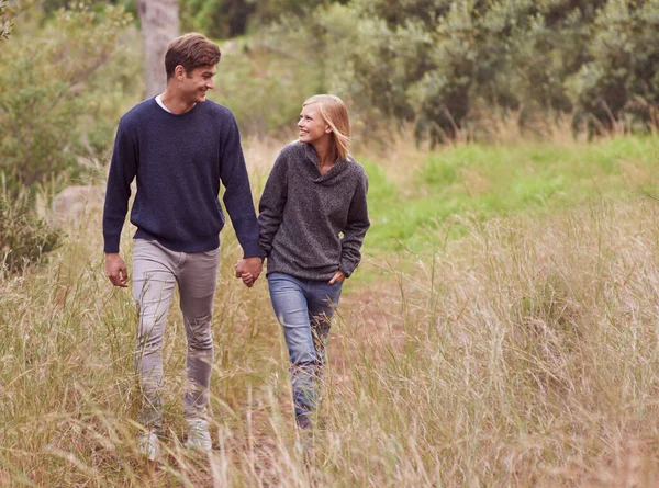 ロマンチックな田舎の散歩 牧草地で手をつないで歩く若いカップル — ストック写真