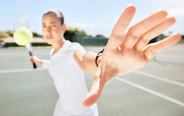 Τένις Παιχνίδι Τον Αθλητισμό Και Χέρι Της Γυναίκας Έτοιμο Ξεκινήσει — Φωτογραφία Αρχείου