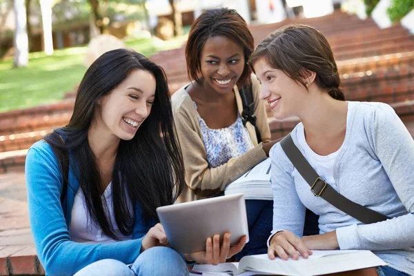 Taking Study Break Diverse Group College Students Sitting Together Doing — Stock Photo, Image