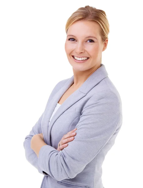 Confidence Radiance Studio Portrait Attractive Blond Woman Isolated White — Stock Photo, Image