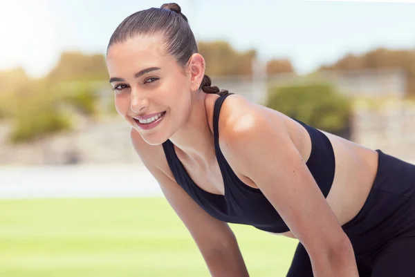 Fitness, woman and portrait smile stretching arms for exercise