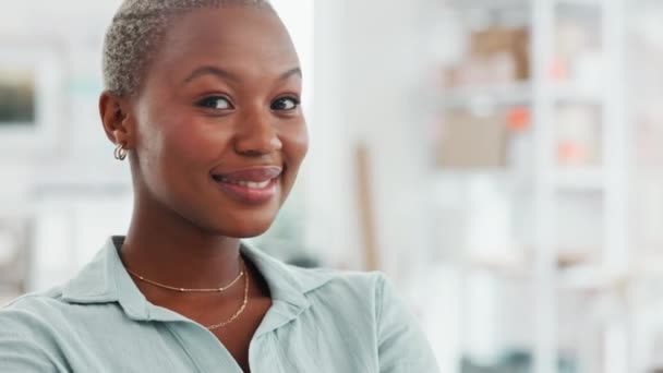 大笑的商界女性 以积极的心态和积极的工作动力来思考和表现自信 对职业或工作选择感到满意的成功黑人女性的画像 — 图库视频影像