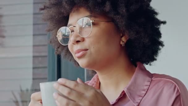 Black Woman Window Drink Coffee Thinking Home Morning Pajamas Daydreaming — Stock Video