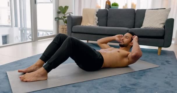 Fitness Sit Ups Man Training His Home Exercising His Abdominal — Stock Video