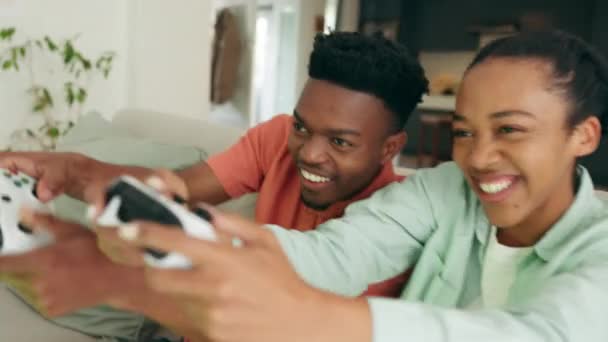 Jogos Felizes Rindo Casal Com Digital Tecnologia Vídeo Game Sala — Vídeo de Stock