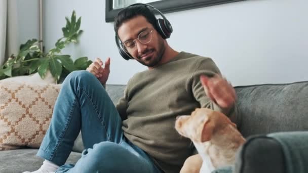 Hombre Teléfono Auriculares Sofá Con Perro Escuchando Música Podcast Redes — Vídeos de Stock