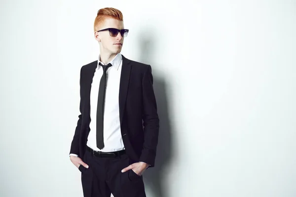 Take Pride Appearance Red Haired Male Suit Sunglasses Posing Camera — Stock Photo, Image