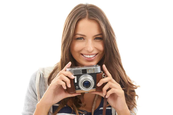 Lächeln Eine Hübsche Junge Touristin Die Ein Foto Von Ihnen — Stockfoto